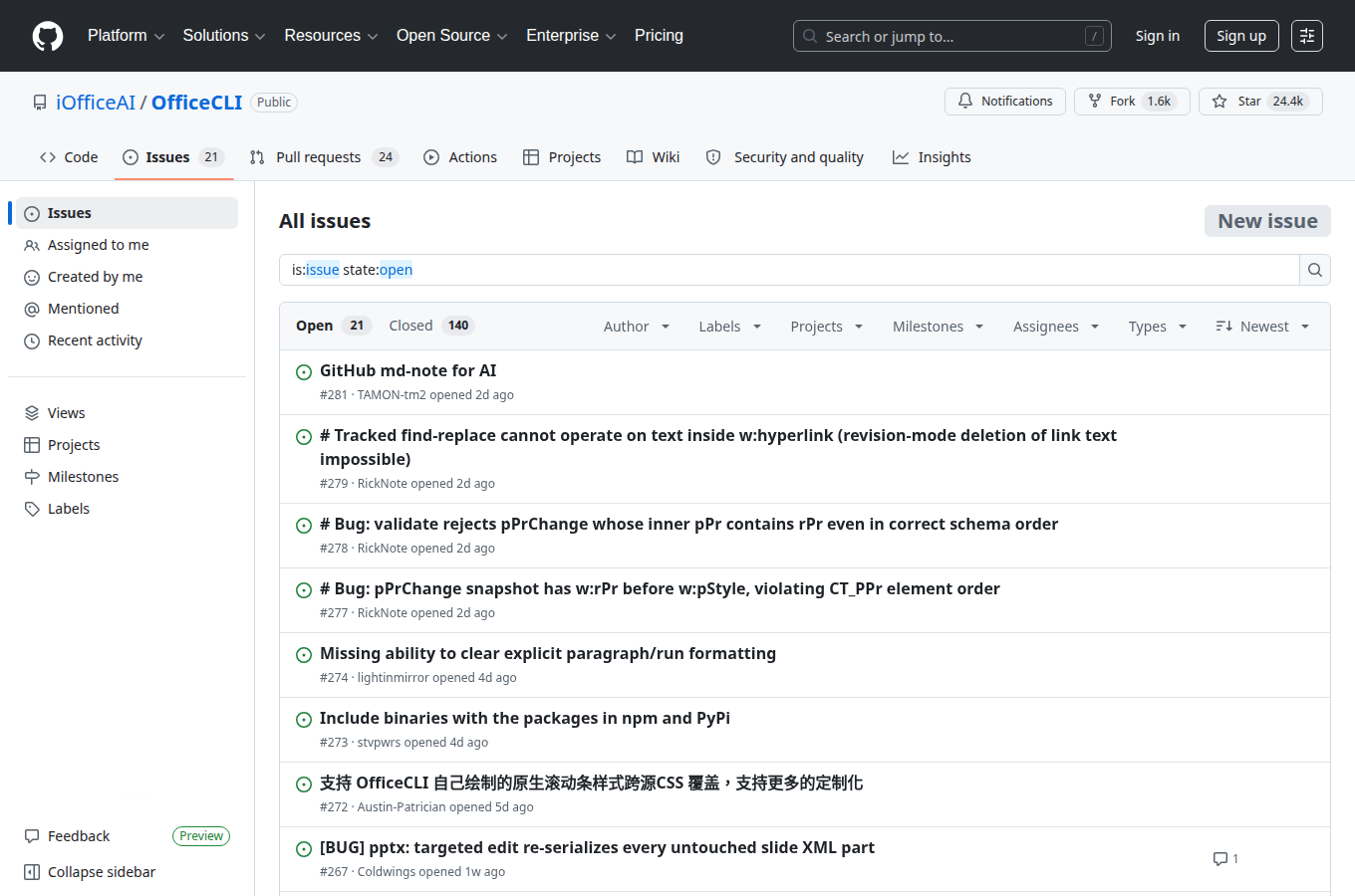 iOfficeAI/OfficeCLI 的 GitHub Issues 分頁，可見使用者回報的問題與討論。想評估專案是否還在維護、常見踩坑有哪些，這頁通常比只看星數更有參考價值。可與文中「六天學習總回顧：從安裝到進階指令實戰」一節對照閱讀。