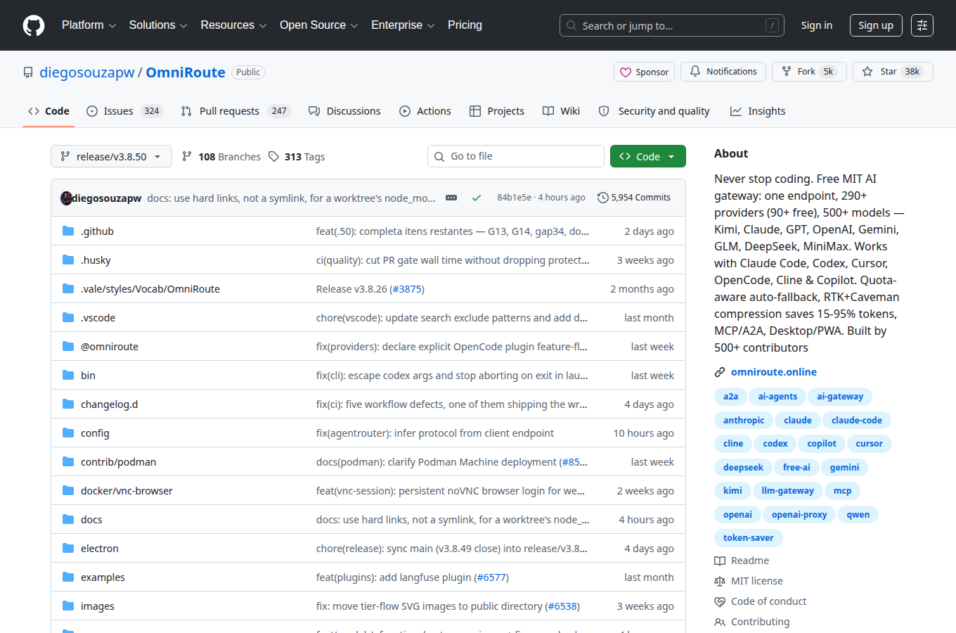 開源專案在 GitHub 的相關畫面。對應文章「額度用完自動跳別家！OmniRoute 智慧路由讓免費 API 不中斷，19 種」，可對照 README、版本或議題討論，幫助核對正文提到的專案資訊。