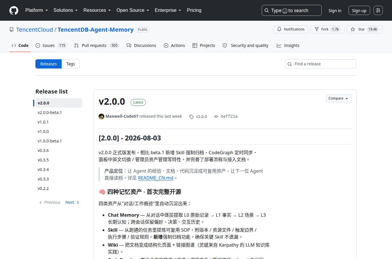 TencentCloud/TencentDB-Agent-Memory 的 Releases 頁，列出各正式版本與發行日期，最新版號與更新重點一頁看完。