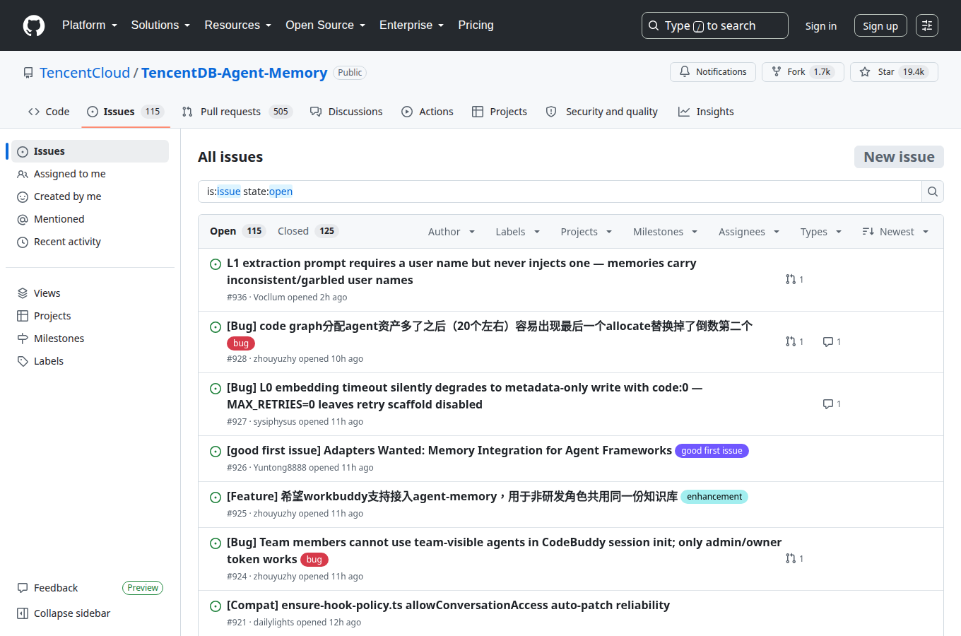 TencentCloud/TencentDB-Agent-Memory 的 Issues 頁，顯示使用者回報的問題與討論，是評估專案維護狀態與常見踩坑的第一手來源。