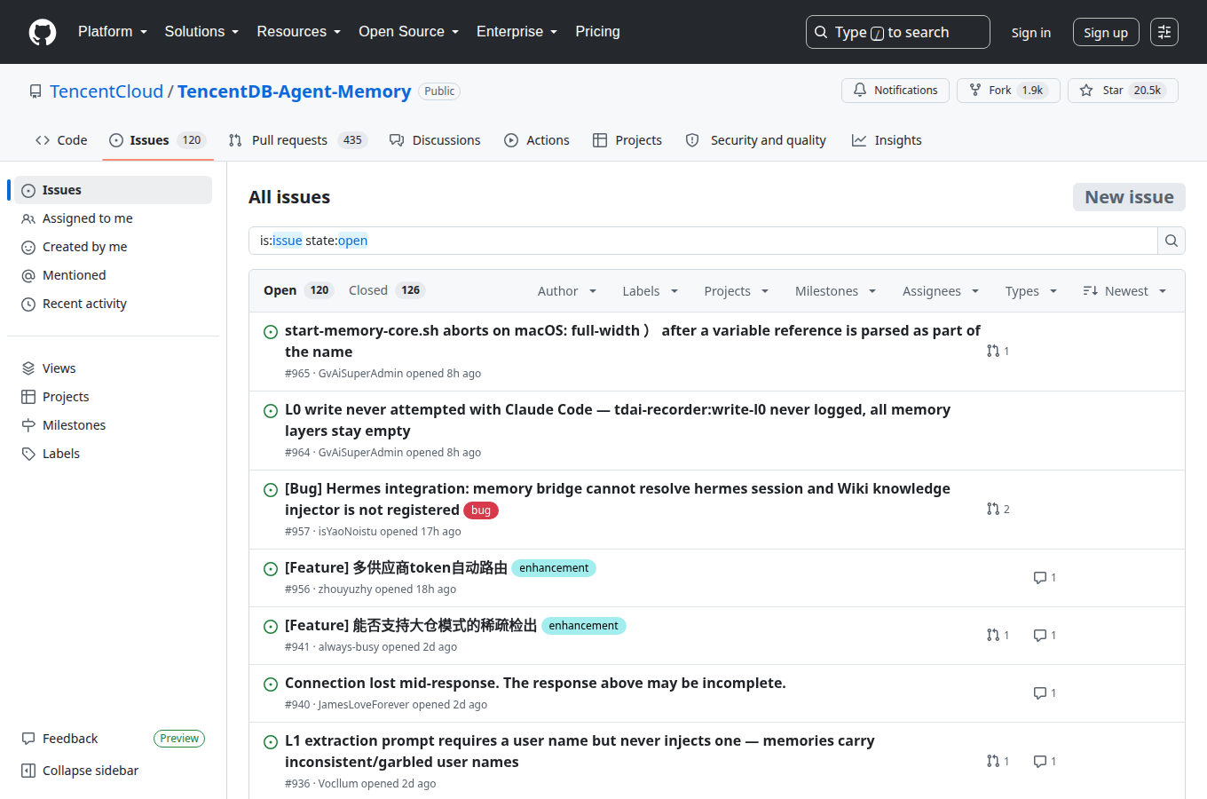 TencentCloud/TencentDB-Agent-Memory 的 Issues 頁，顯示使用者回報的問題與討論，是評估專案維護狀態與常見踩坑的第一手來源。