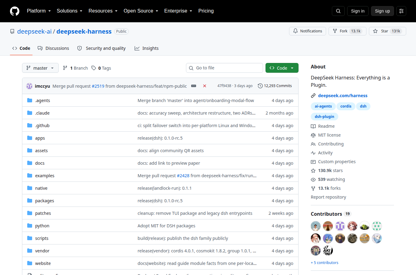deepseek-ai/deepseek-harness 的 GitHub 專案首頁，可以看到星數、README 開頭與目錄結構，一眼判斷專案規模與文件完整度。