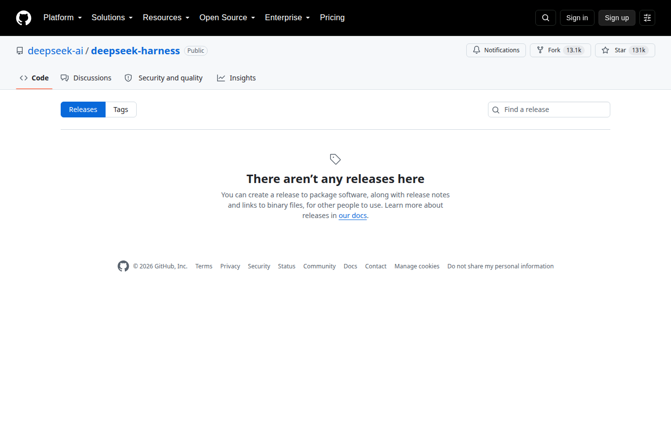 deepseek-ai/deepseek-harness 的 Releases 頁，列出各正式版本與發行日期，最新版號與更新重點一頁看完。
