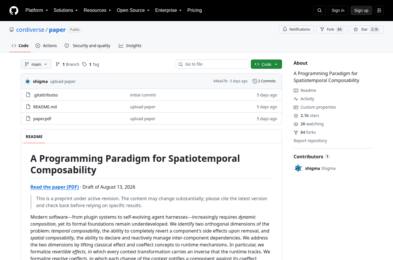 cordiverse/paper 的 GitHub 專案首頁，可以看到星數、README 開頭與目錄結構，一眼判斷專案規模與文件完整度。