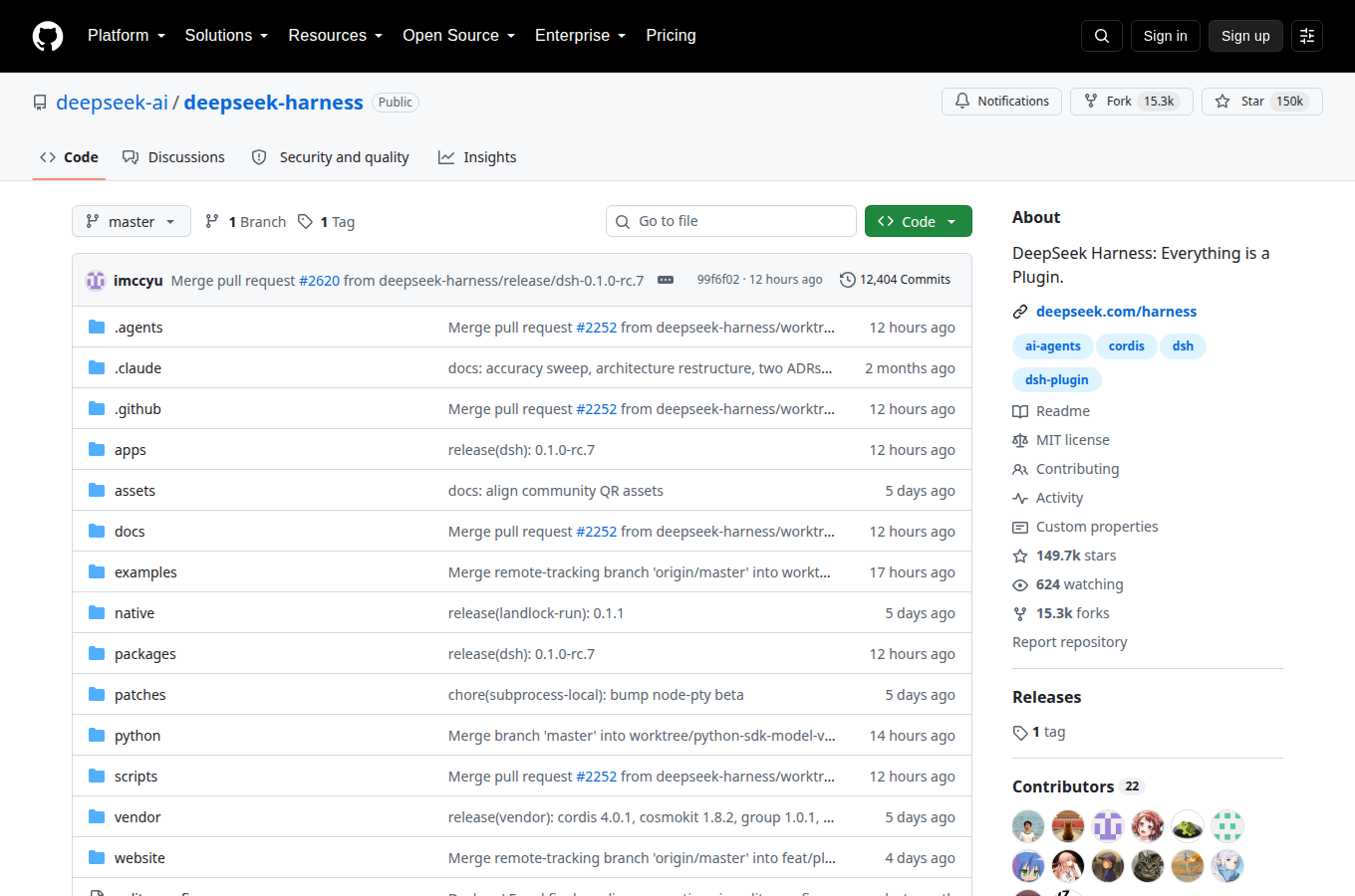 deepseek-ai/deepseek-harness GitHub 專案首頁：149.7K stars、README 開頭 Everything is a Plugin 與 dsh 0.1.0-rc.7 目錄結構