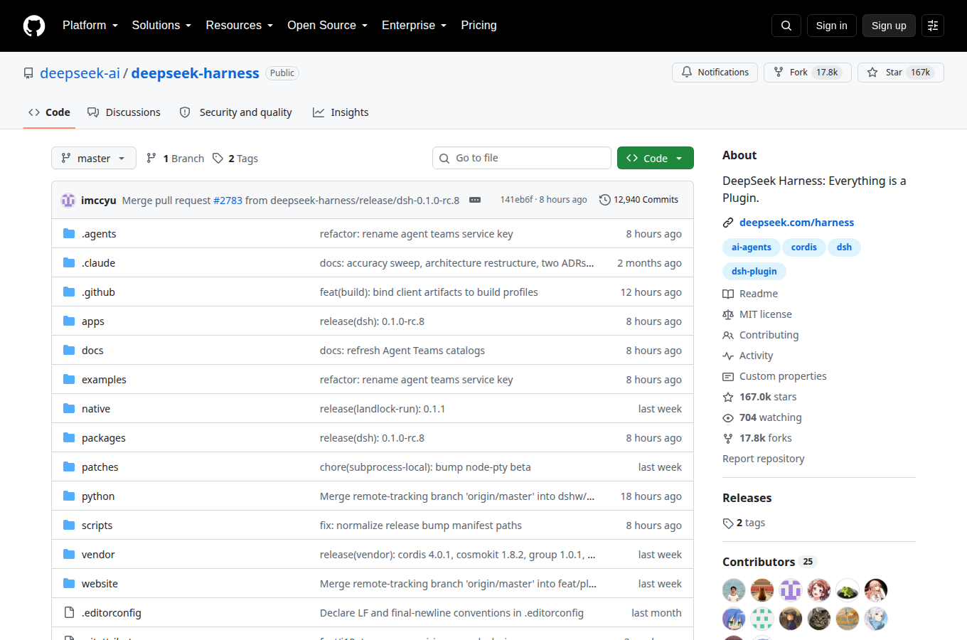 deepseek-ai/deepseek-harness 的 GitHub 專案首頁，可以看到星數、README 開頭與目錄結構，一眼判斷專案規模與文件完整度。