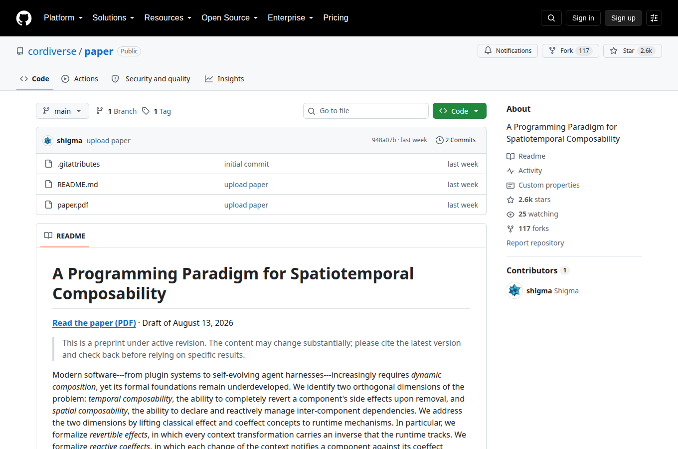 cordiverse/paper 的 GitHub 專案首頁，可以看到星數、README 開頭與目錄結構，一眼判斷專案規模與文件完整度。