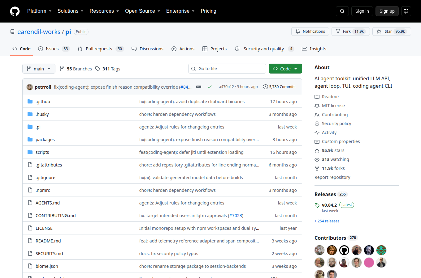 earendil-works/pi 的 GitHub 專案首頁,顯示 95,916 顆星與 README 開頭,是這個開源專案的入口。
