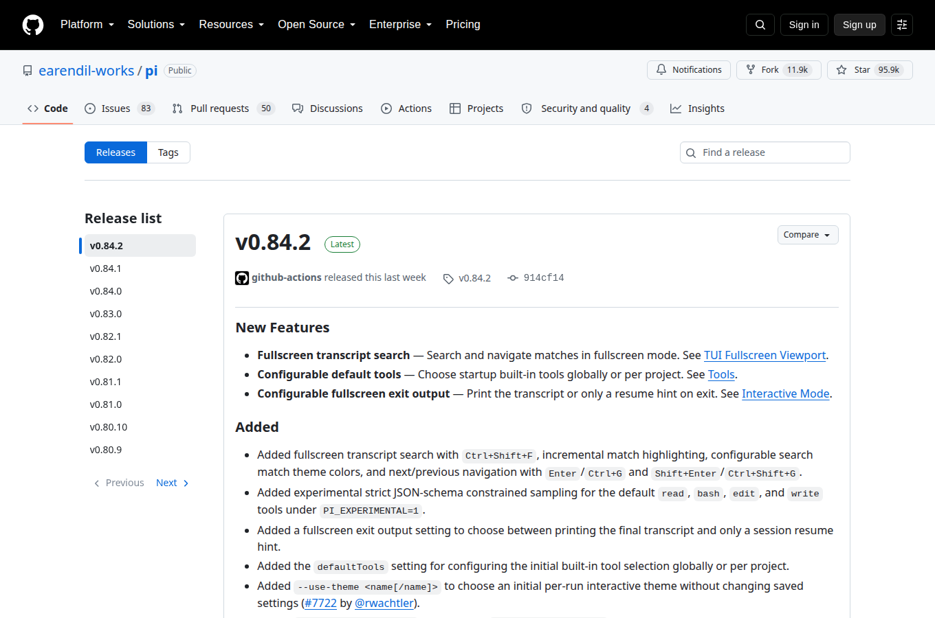 earendil-works/pi 的 Releases 頁,可以看到 Pi 的版本發布歷史,最新版號與更新重點都在這裡。