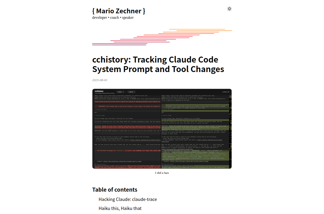 Mario Zechner 的個人部落格文章「cchistory: Tracking Claude Code System Prompt and Tool Changes」,記錄他追蹤 Claude Code 變更的過程。