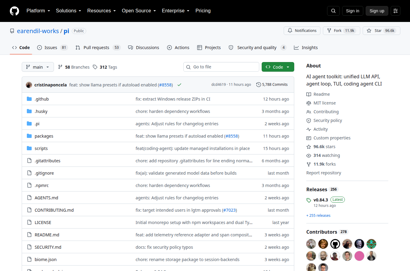 earendil-works/pi 的 GitHub 專案首頁，可以看到星數、README 開頭與目錄結構，一眼判斷專案規模與文件完整度。