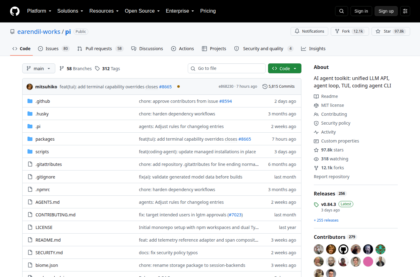earendil-works/pi 的 GitHub 專案首頁，可以看到星數、README 開頭與目錄結構，一眼判斷專案規模與文件完整度。