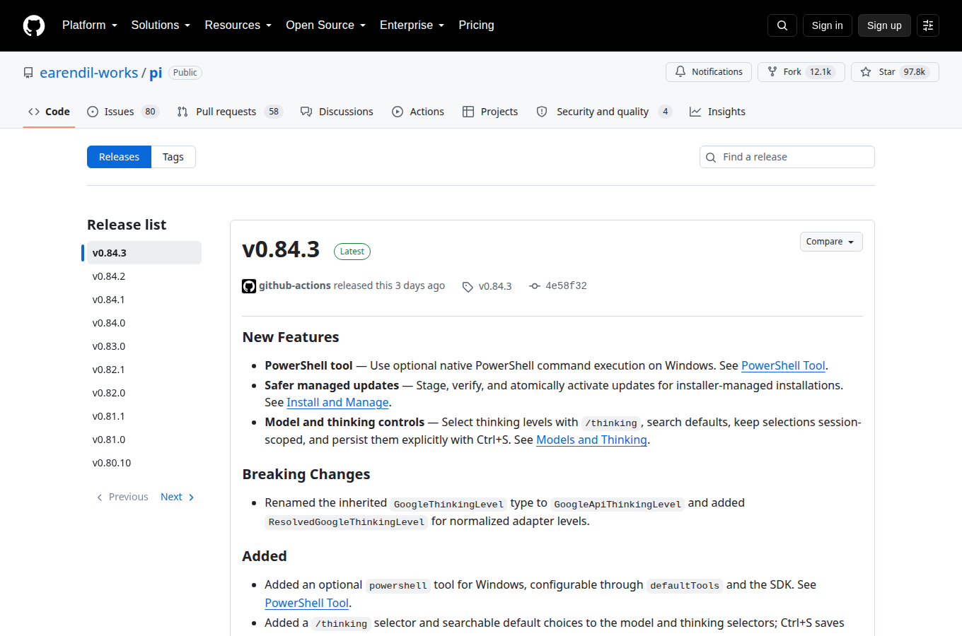 earendil-works/pi 的 Releases 頁，列出各正式版本與發行日期，最新版號與更新重點一頁看完。