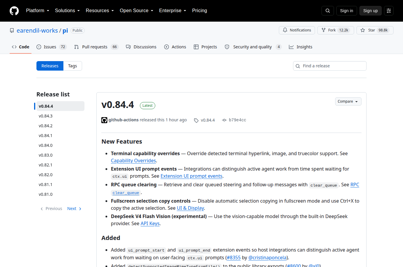 earendil-works/pi 的 Releases 頁，列出各正式版本與發行日期，最新版號與更新重點一頁看完。