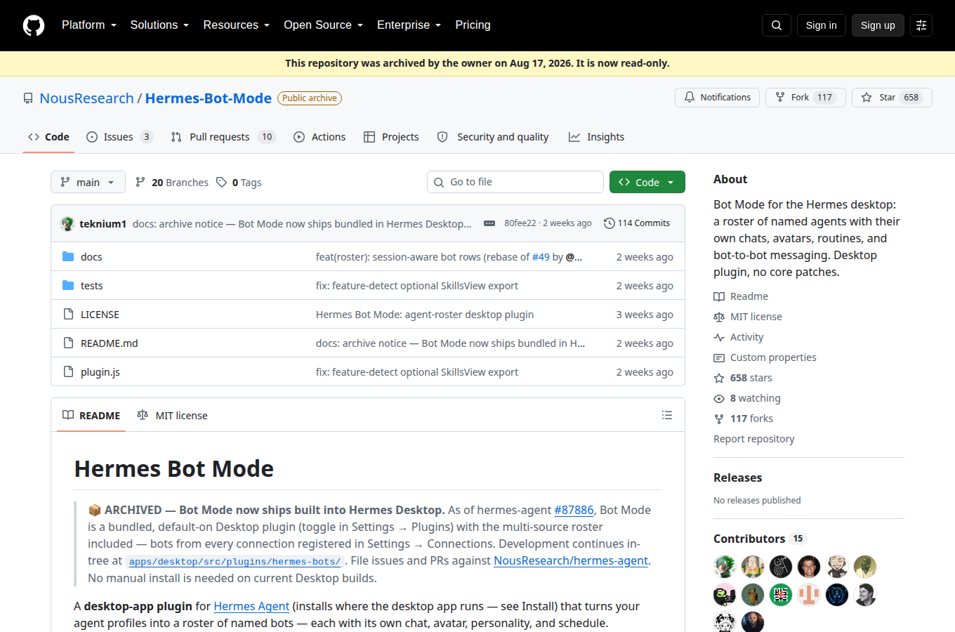 Nous Research 的 Hermes-Bot-Mode 專案頁，頁面上方標明「This repository was archived on Aug 17, 2026」。這個外掛已在同一天正式併入 Hermes Desktop，成為內建功能。