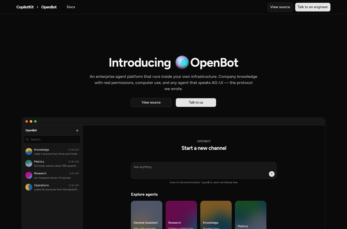 CopilotKit 官方「Introducing OpenBot」頁，說明這是一個跑在你自己的基礎設施上的企業級 Agent 平台，每個 Agent 擁有真實權限與電腦使用能力，且都遵循 AG-UI 協定。