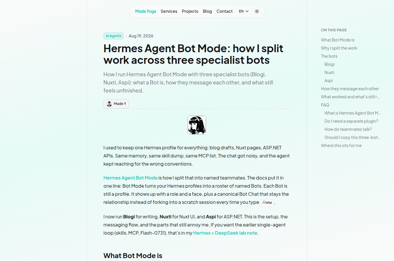 開發者 Made Y 的實測文章「Hermes Agent Bot Mode: how I split work across three specialist bots」，記錄他把工作拆給 Blogi、Nuxti、Aspi 三個專屬 Bot 的實際經驗，也誠實寫出還未完善的地方。