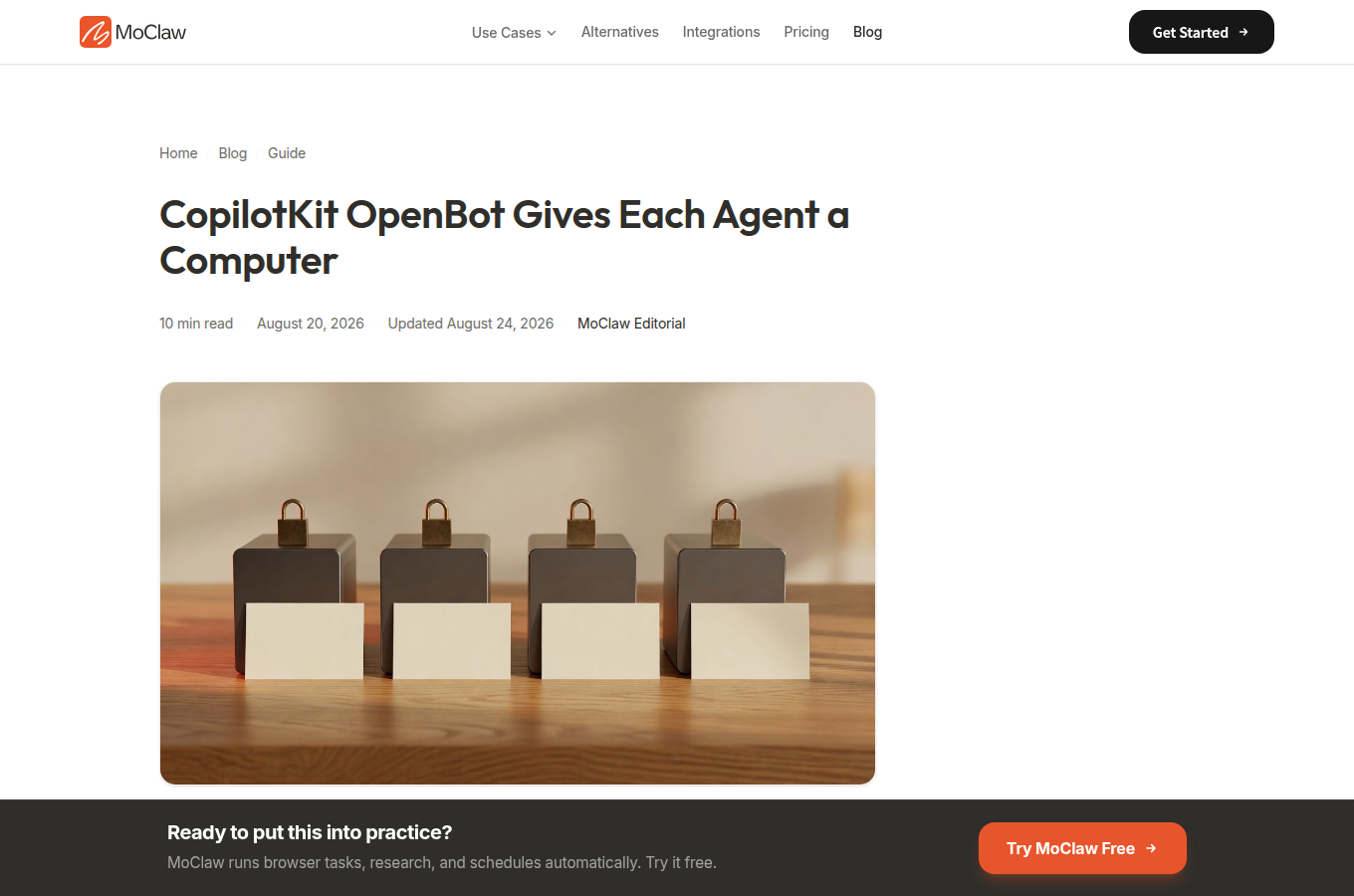 MoClaw 的評測文章「CopilotKit OpenBot Gives Each Agent a Computer」，解析 OpenBot 如何讓每個 Agent 擁有一台隔離的電腦，並把每一次工具呼叫都記錄下來。
