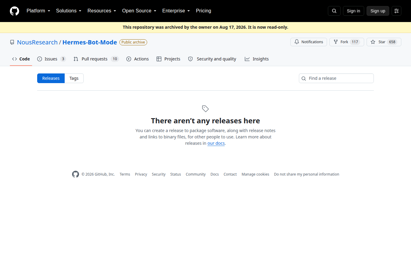 NousResearch/Hermes-Bot-Mode 的 Releases 頁，列出各正式版本與發行日期，最新版號與更新重點一頁看完。