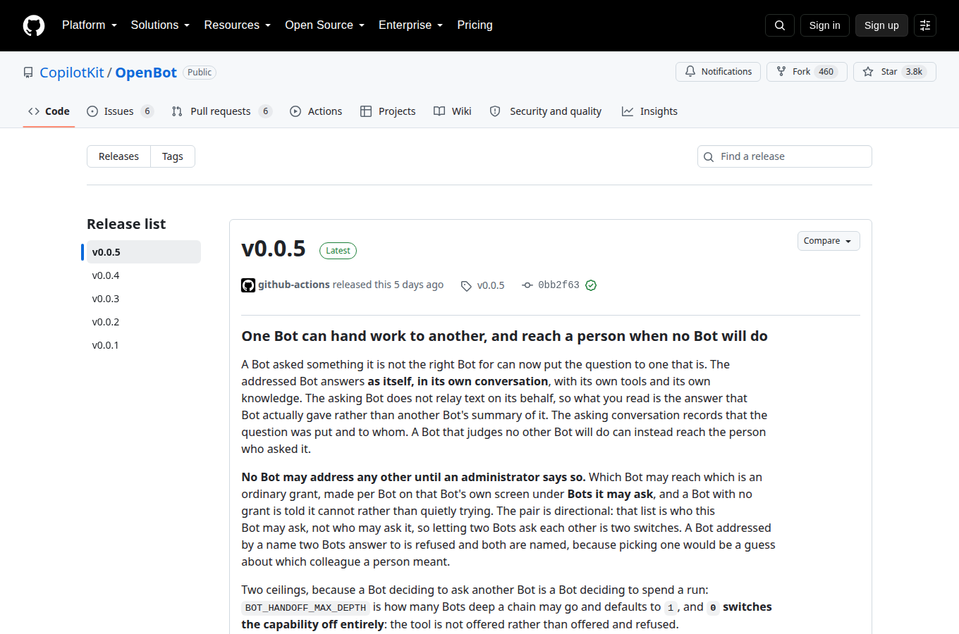 CopilotKit/openbot 的 Releases 頁，列出各正式版本與發行日期，最新版號與更新重點一頁看完。