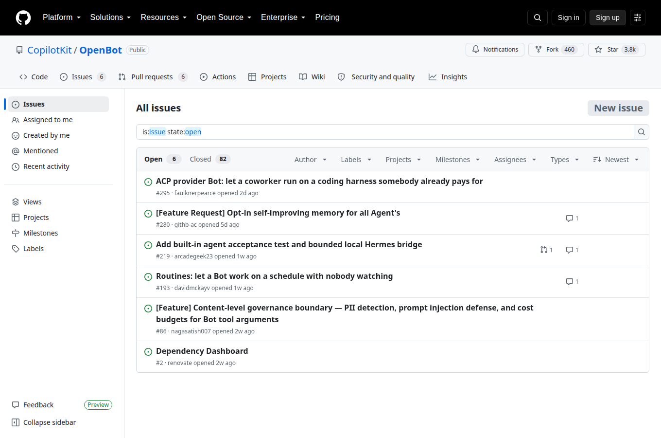 CopilotKit/openbot 的 Issues 頁，顯示使用者回報的問題與討論，是評估專案維護狀態與常見踩坑的第一手來源。