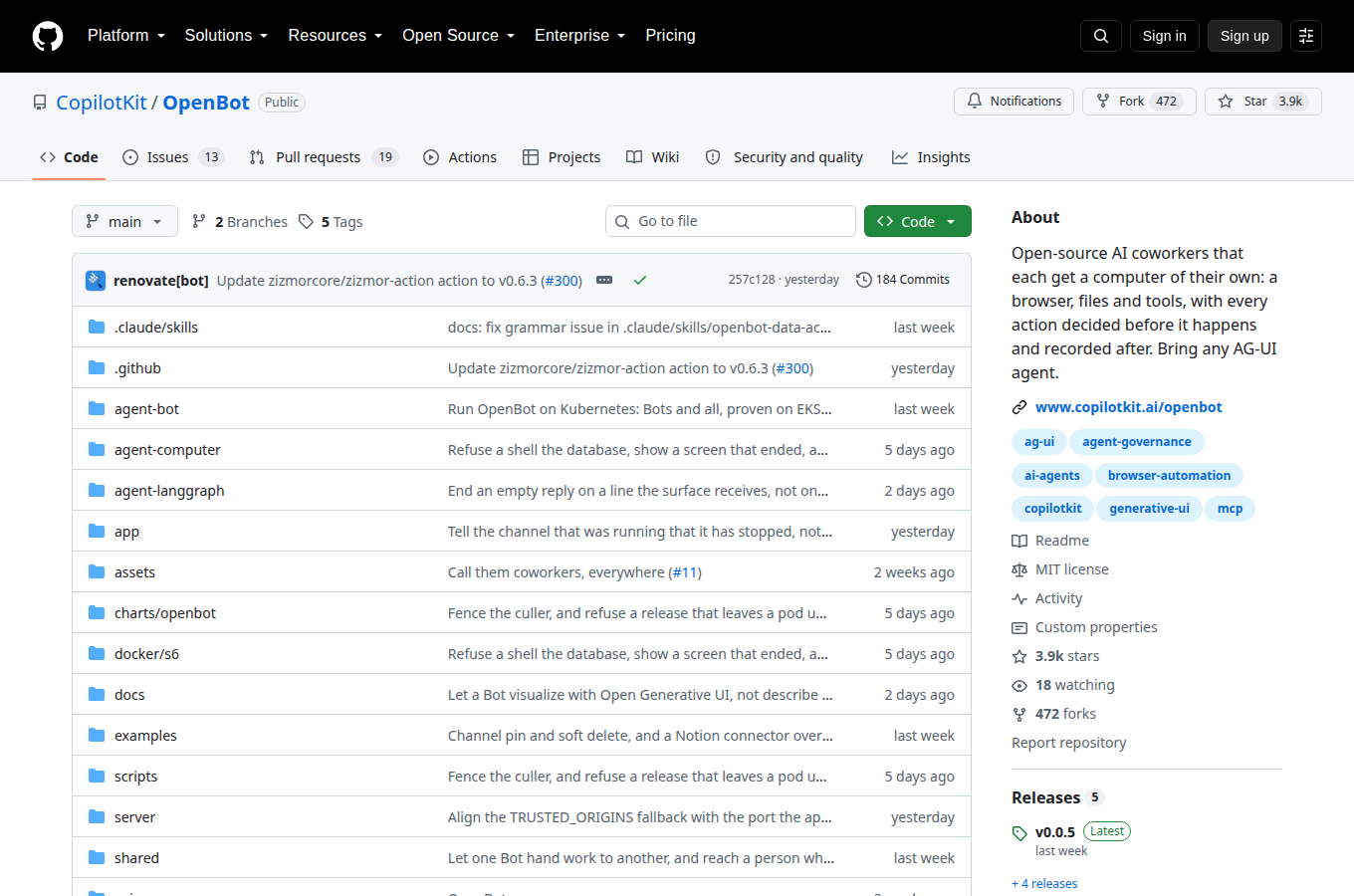 CopilotKit/openbot 的 GitHub 專案首頁，可以看到星數、README 開頭與目錄結構，一眼判斷專案規模與文件完整度。
