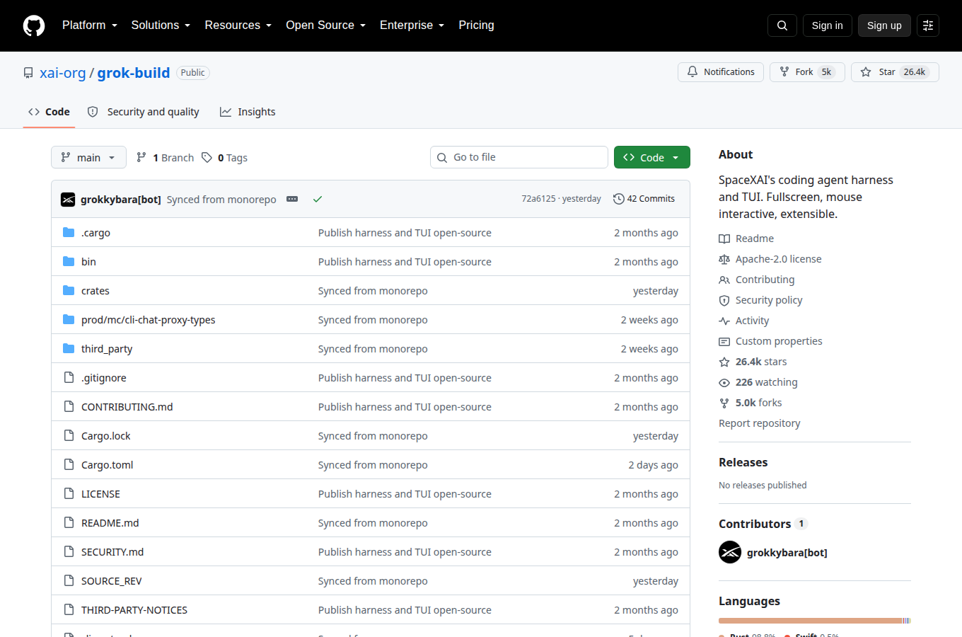 xai-org/grok-build 的 GitHub 專案首頁，可以看到星數、README 開頭與目錄結構，一眼判斷專案規模與文件完整度。