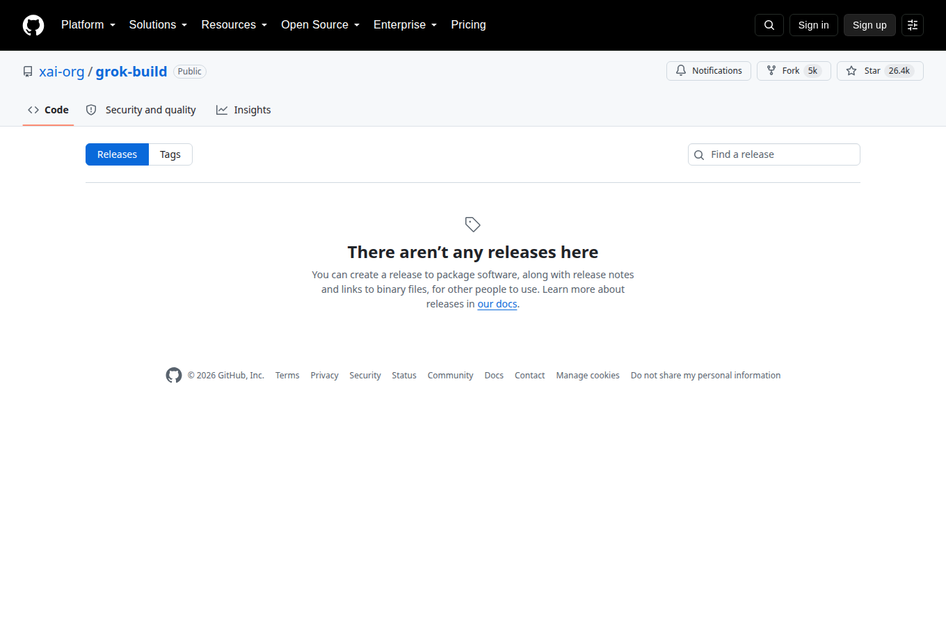 xai-org/grok-build 的 Releases 頁，列出各正式版本與發行日期，最新版號與更新重點一頁看完。