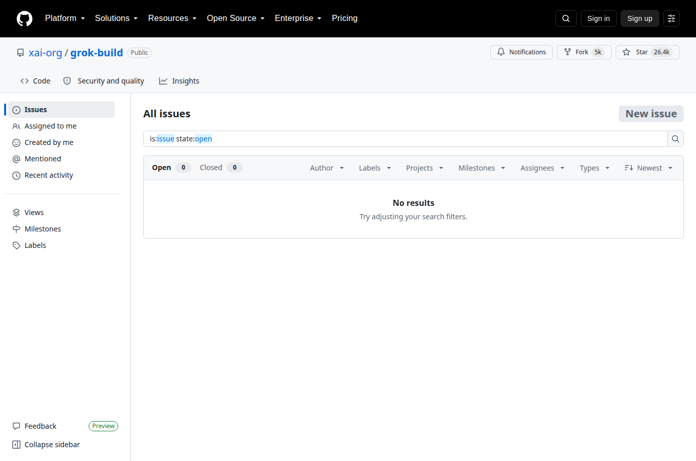 xai-org/grok-build 的 Issues 頁，顯示使用者回報的問題與討論，是評估專案維護狀態與常見踩坑的第一手來源。
