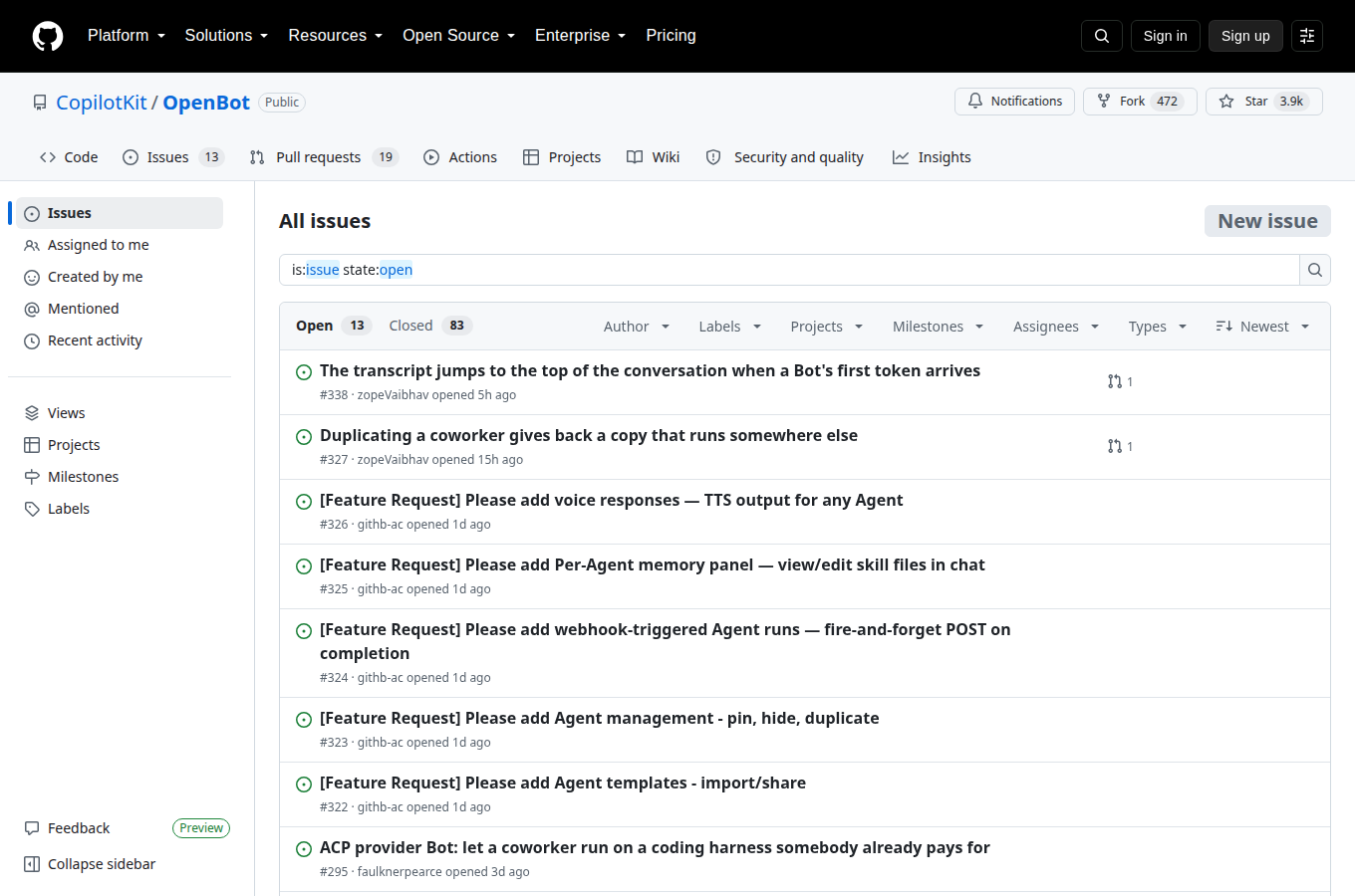 CopilotKit/openbot 的 Issues 頁，顯示使用者回報的問題與討論，是評估專案維護狀態與常見踩坑的第一手來源。