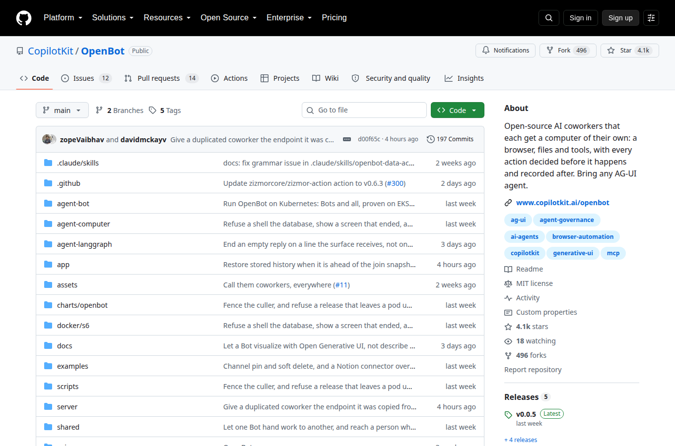 CopilotKit/openbot 的 GitHub 專案首頁，可以看到星數、README 開頭與目錄結構，一眼判斷專案規模與文件完整度。