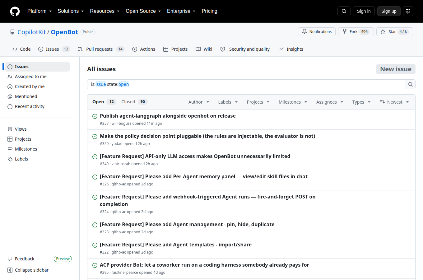 CopilotKit/openbot 的 Issues 頁，顯示使用者回報的問題與討論，是評估專案維護狀態與常見踩坑的第一手來源。