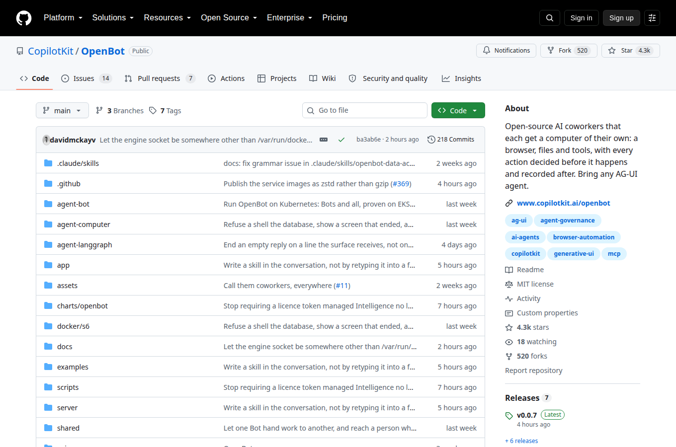 GitHub 專案頁面，星數、README 與目錄結構，一眼判斷專案規模與文件完整度。