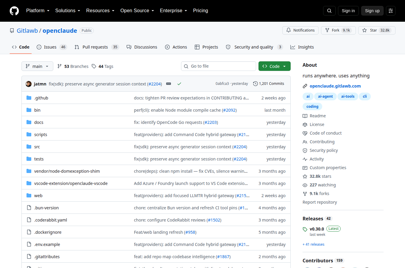 Gitlawb/openclaude 的 GitHub 專案首頁，可以看到星數、README 開頭與目錄結構，一眼判斷專案規模與文件完整度。