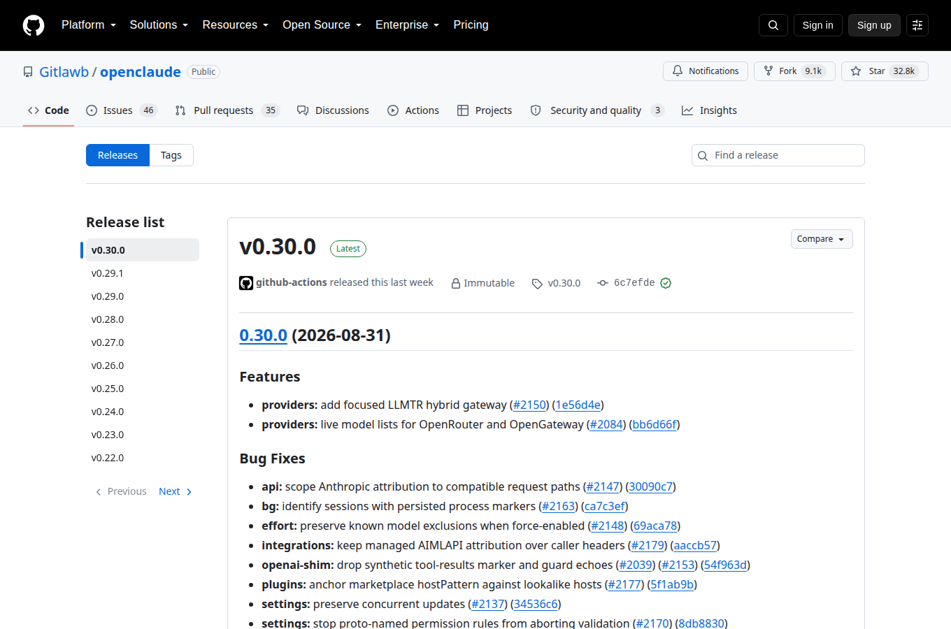 Gitlawb/openclaude 的 Releases 頁，列出各正式版本與發行日期，最新版號與更新重點一頁看完。