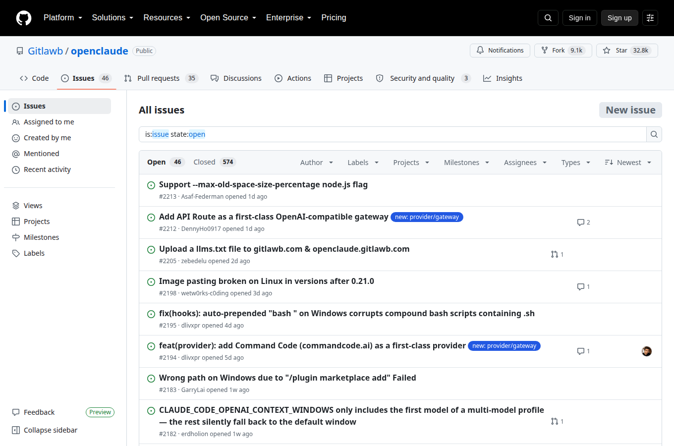 Gitlawb/openclaude 的 Issues 頁，顯示使用者回報的問題與討論，是評估專案維護狀態與常見踩坑的第一手來源。