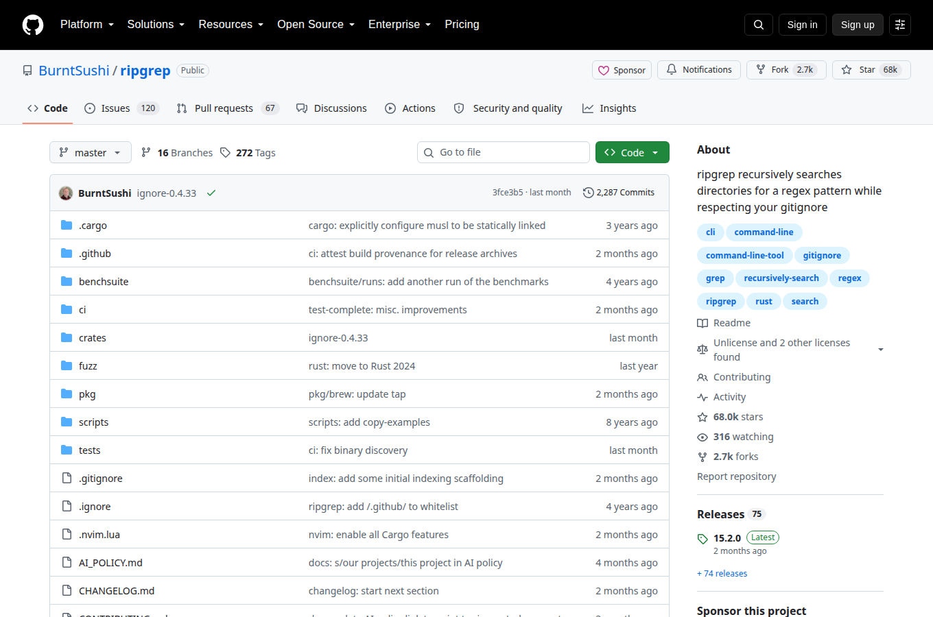 BurntSushi/ripgrep 的 GitHub 專案首頁，可以看到星數、README 開頭與目錄結構，一眼判斷專案規模與文件完整度。