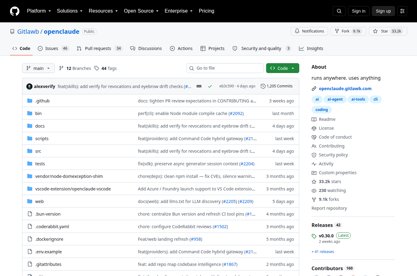 Gitlawb/openclaude 的 GitHub 專案首頁，可以看到星數、README 開頭與目錄結構，一眼判斷專案規模與文件完整度。