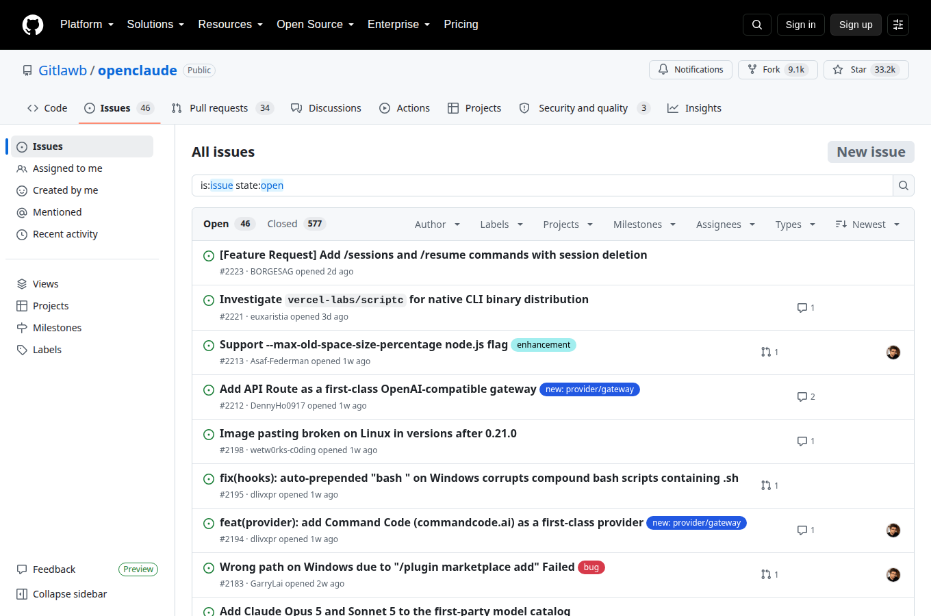 Gitlawb/openclaude 的 Issues 頁，顯示使用者回報的問題與討論，是評估專案維護狀態與常見踩坑的第一手來源。