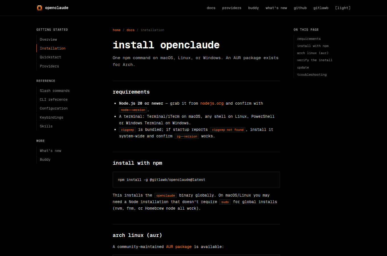 openclaude.gitlawb.com 的官方頁面（/docs/installation），說明這項功能的設定方式與可用選項，以官方說明為準。