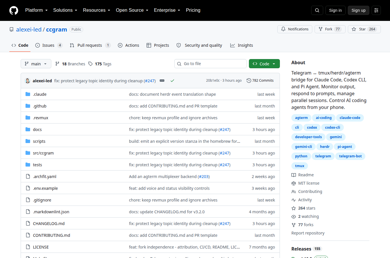 alexei-led/ccgram 的 GitHub 專案首頁,可以看到星數、README 開頭與目錄結構,一眼判斷專案規模與文件完整度。