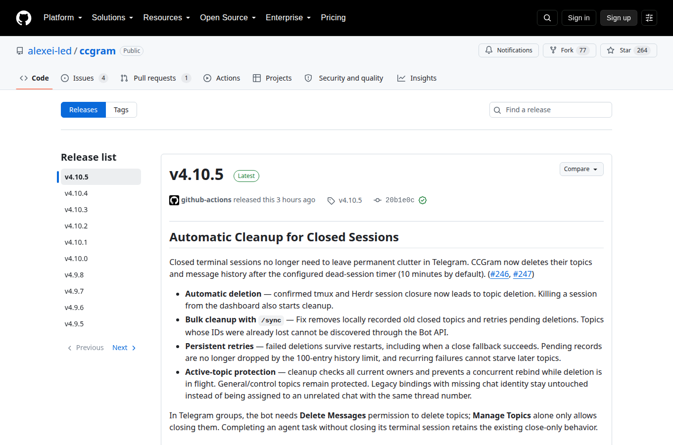alexei-led/ccgram 的 Releases 頁,列出各正式版本與發行日期,最新版號與更新重點一頁看完。