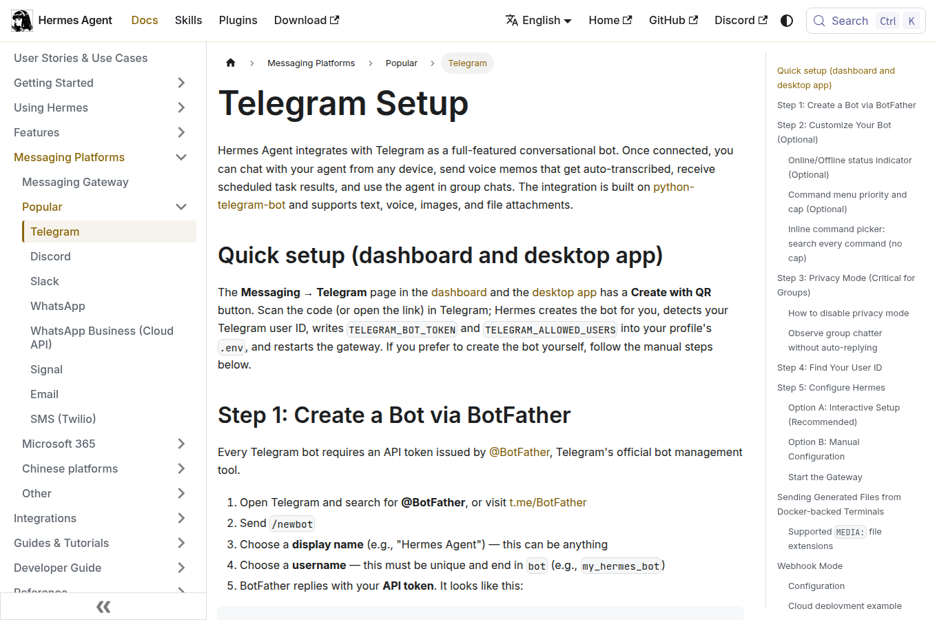 hermes-agent.nousresearch.com 的官方說明頁(/docs/user-guide/messaging/telegram),畫面列出 Telegram 通道的設定步驟與可調選項。