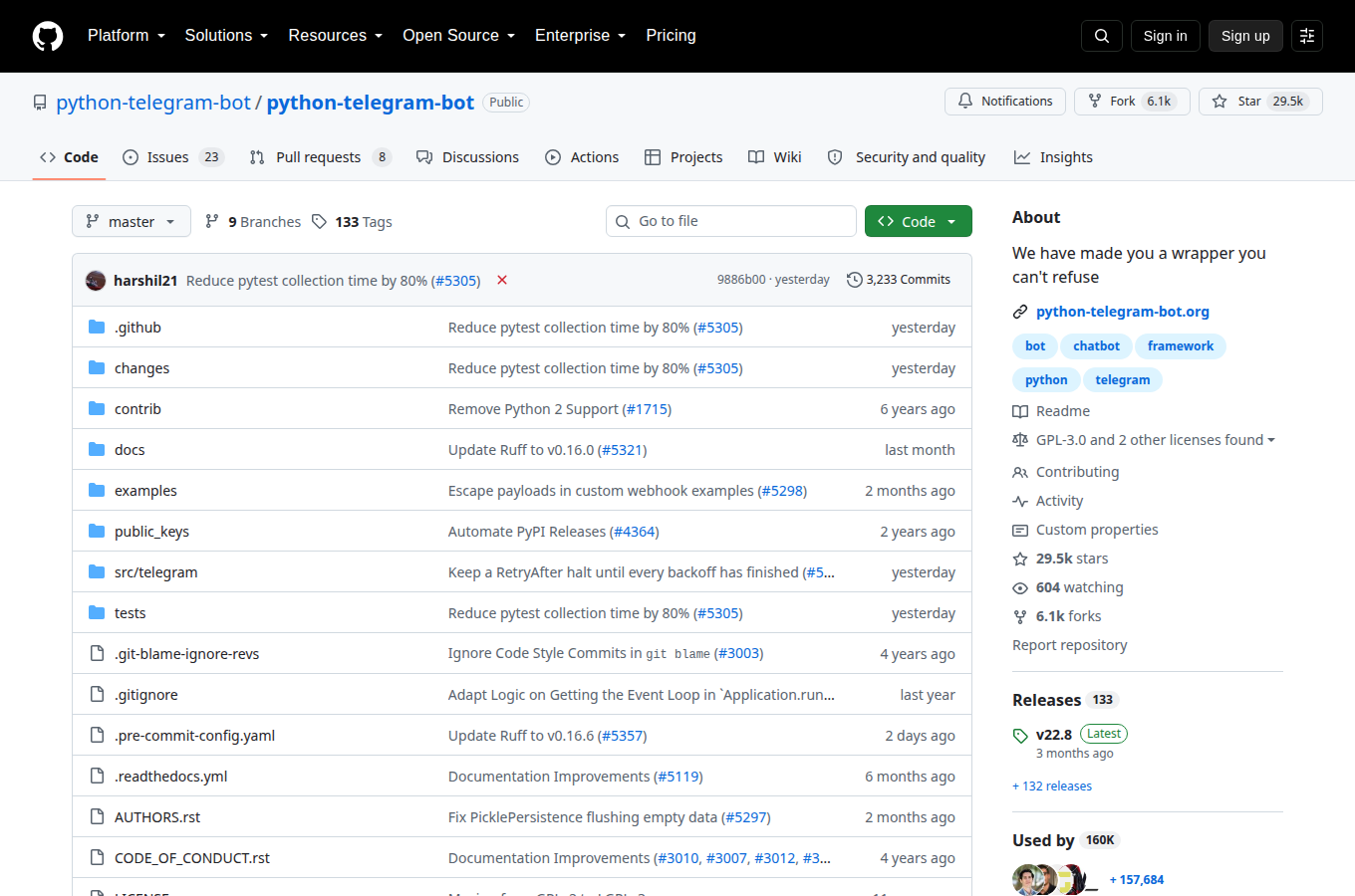 python-telegram-bot/python-telegram-bot 的 GitHub 專案首頁，可以看到星數、README 開頭與目錄結構，一眼判斷專案規模與文件完整度。