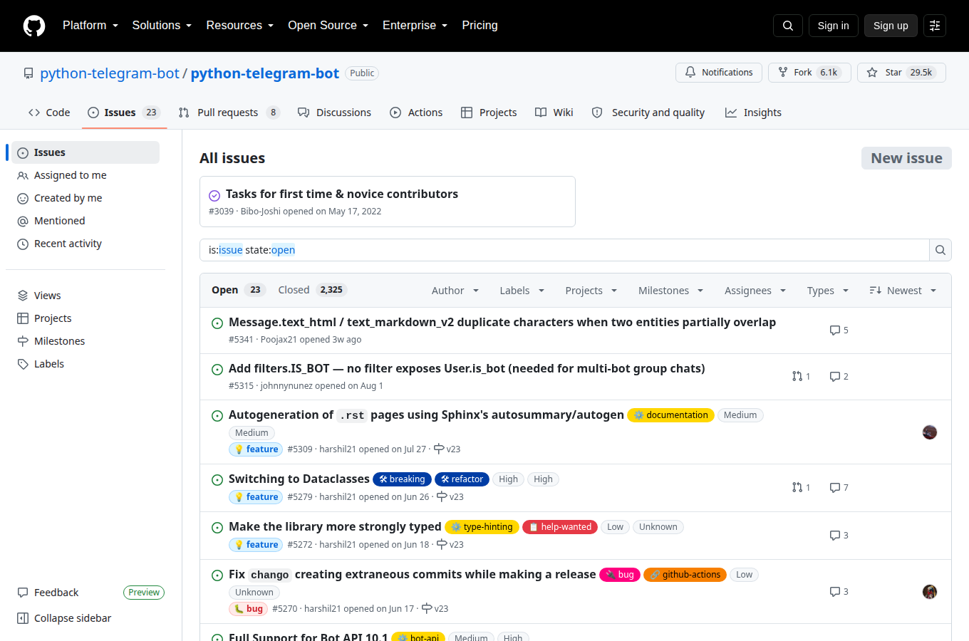 python-telegram-bot/python-telegram-bot 的 Issues 頁，顯示使用者回報的問題與討論，是評估專案維護狀態與常見踩坑的第一手來源。