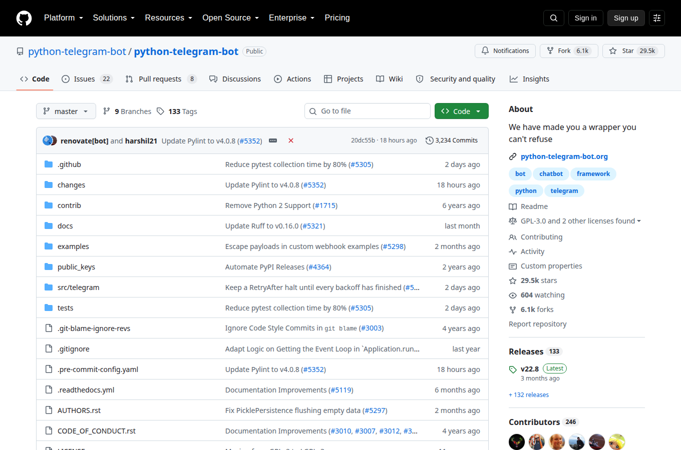 python-telegram-bot/python-telegram-bot 的 GitHub 專案首頁，可以看到星數、README 開頭與目錄結構，一眼判斷專案規模與文件完整度。