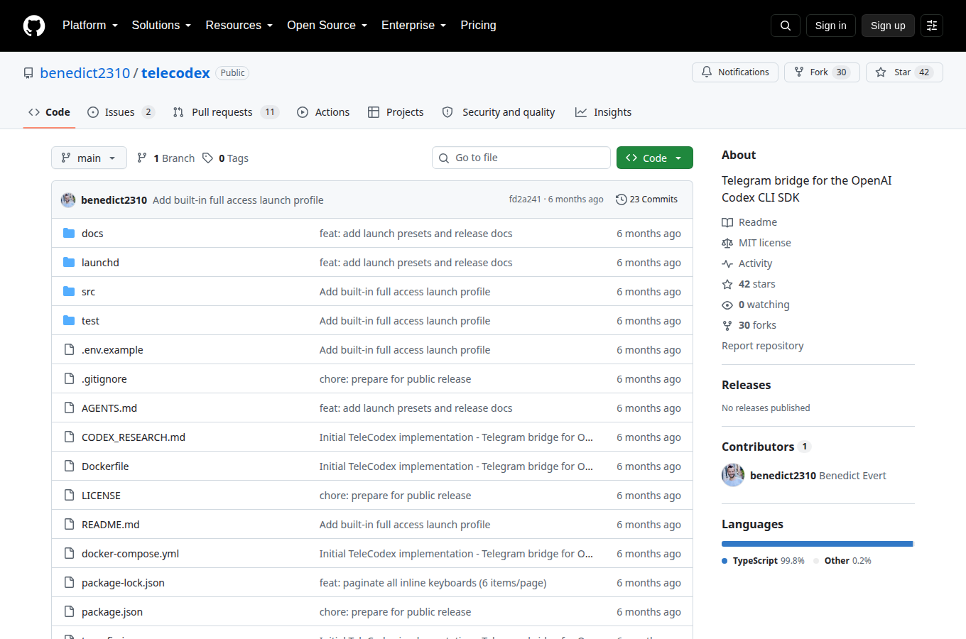 benedict2310/telecodex 的 GitHub 專案首頁，可以看到星數、README 開頭與目錄結構，一眼判斷專案規模與文件完整度。
