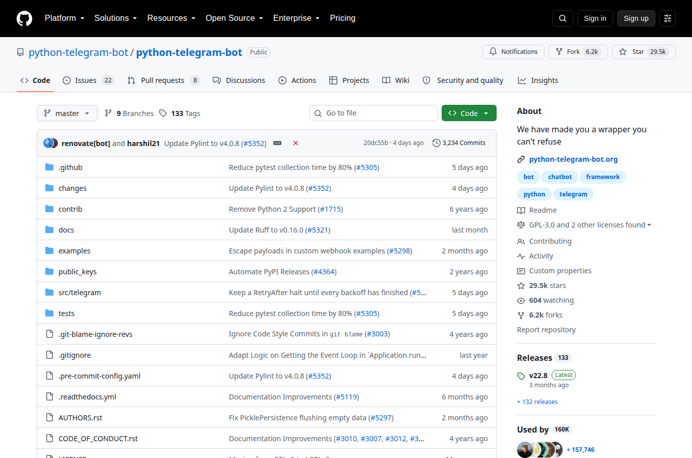 python-telegram-bot/python-telegram-bot 的 GitHub 專案首頁,可以看到星數、README 開頭與目錄結構,一眼判斷專案規模與文件完整度。