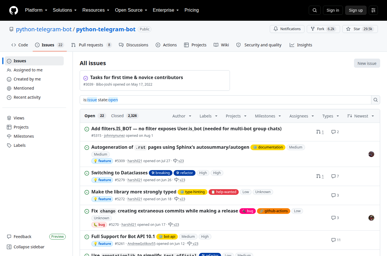 python-telegram-bot/python-telegram-bot 的 Issues 頁,顯示使用者回報的問題與討論,是評估專案維護狀態與常見踩坑的第一手來源。