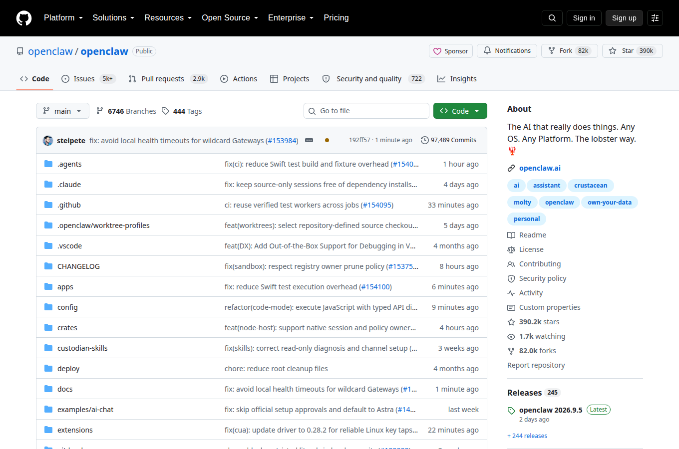 OpenClaw 的 GitHub 專案首頁，星數、授權條款與 README 目錄在同一頁看完。
